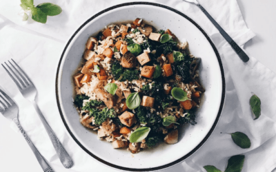 Riz à la courge, tofu mariné et champignons